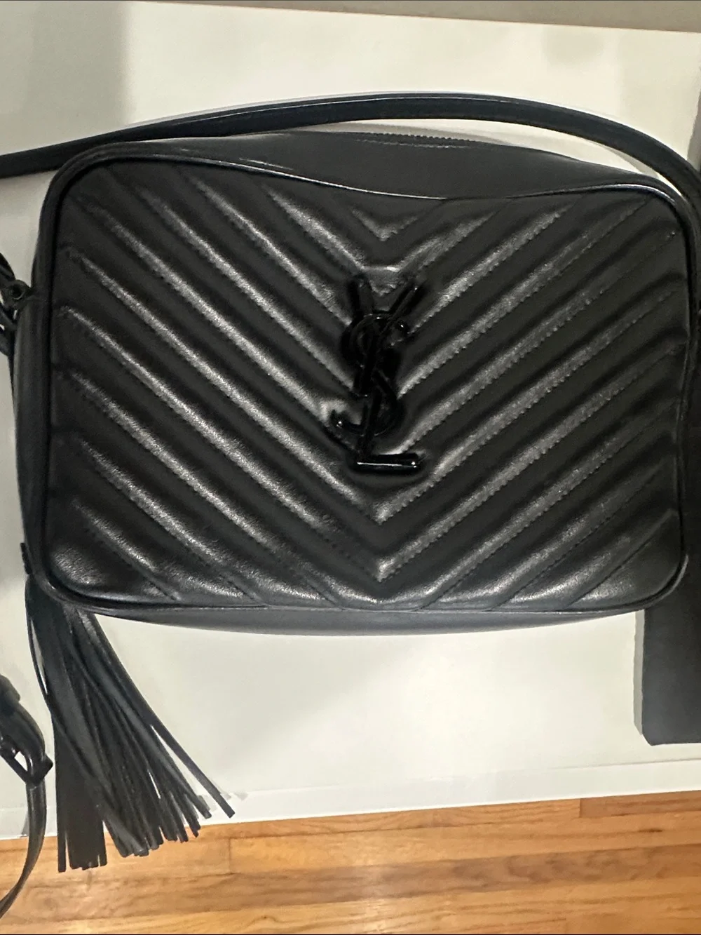 Saint Laurent Black Chevron Quilted Leather Crossbody with Tassel